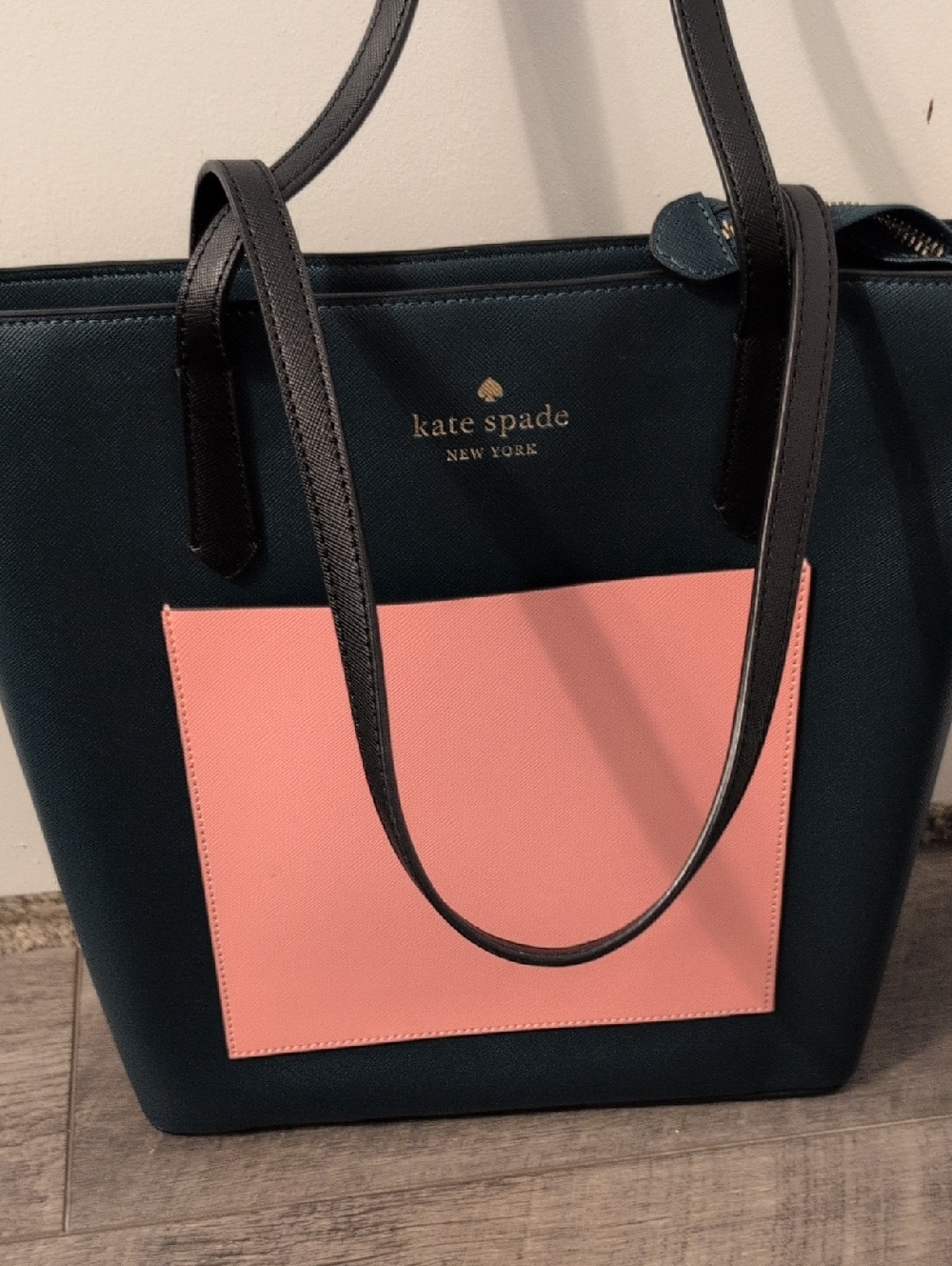 kate spade Deep Teal Tote with Pink Front Pocket and Black Handles